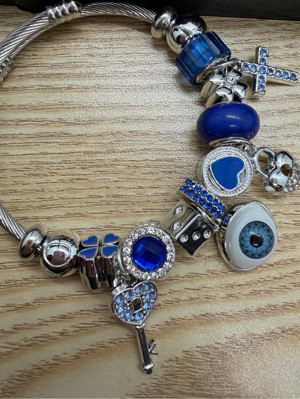 Blue Charm Bracelet with Heart, Key & Evil Eye Charms